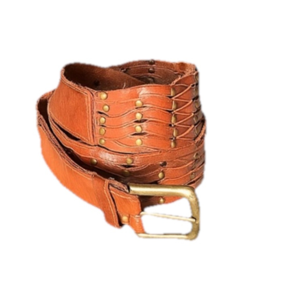 Hollister Size Large 35”-39” Brown Woven Genuine 100% Leather Studded Wide Belt